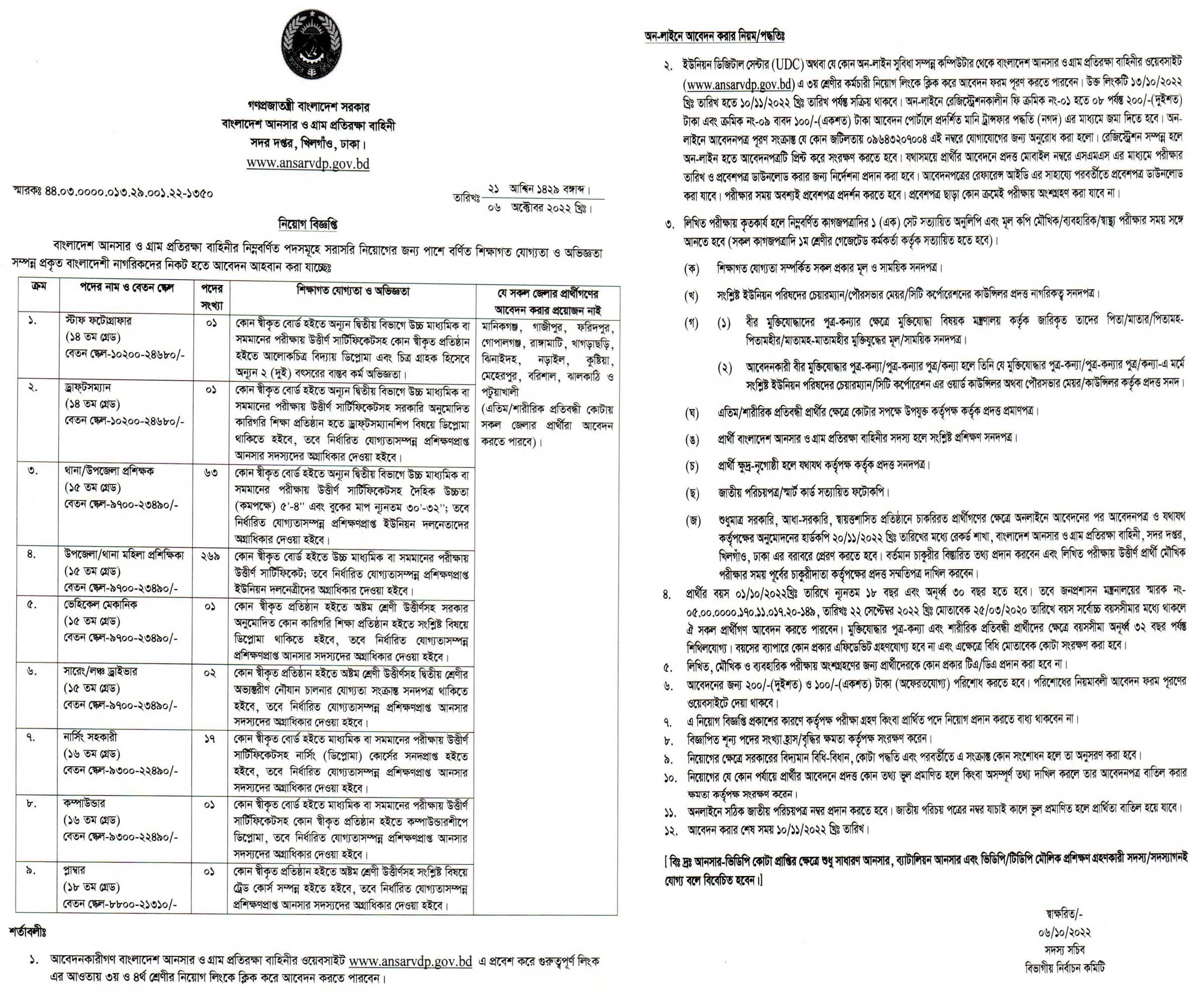 বাংলাদেশ আনসার ও গ্রাম প্রতিরক্ষা বাহিনী নিয়োগ বিজ্ঞপ্তি ২০২২