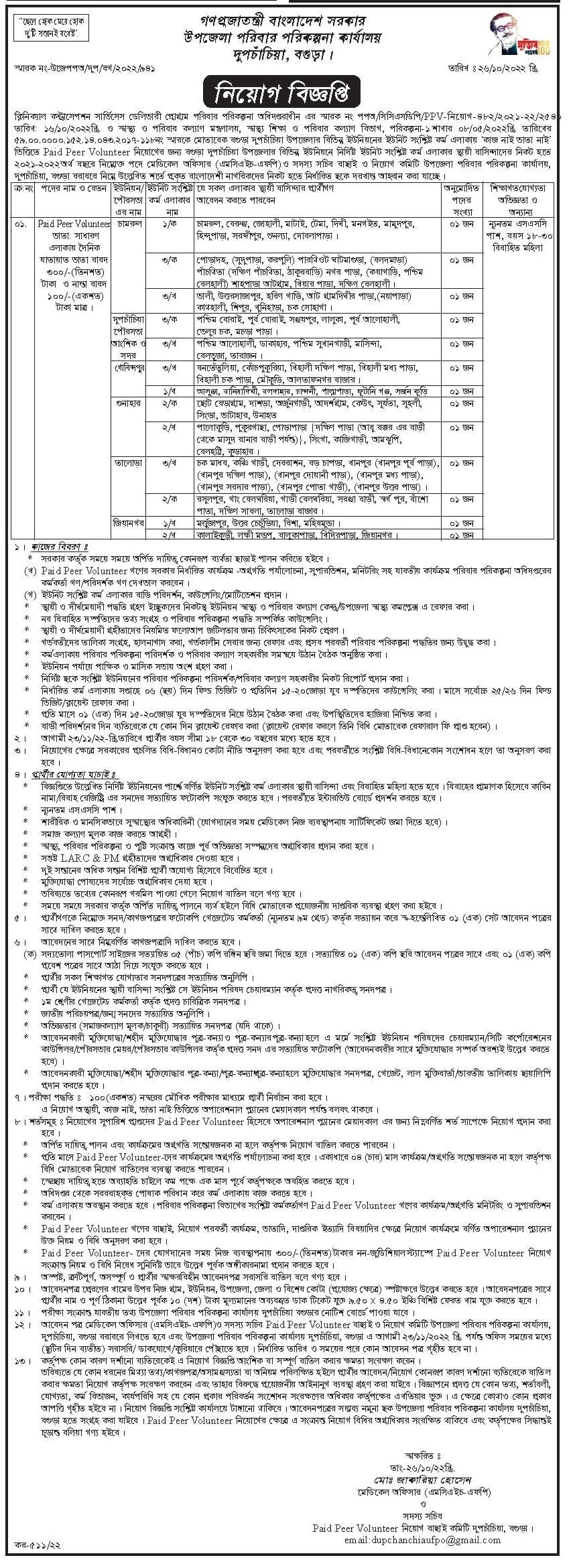 পরিবার পরিকল্পনা নিয়োগ বিজ্ঞপ্তি ২০২২