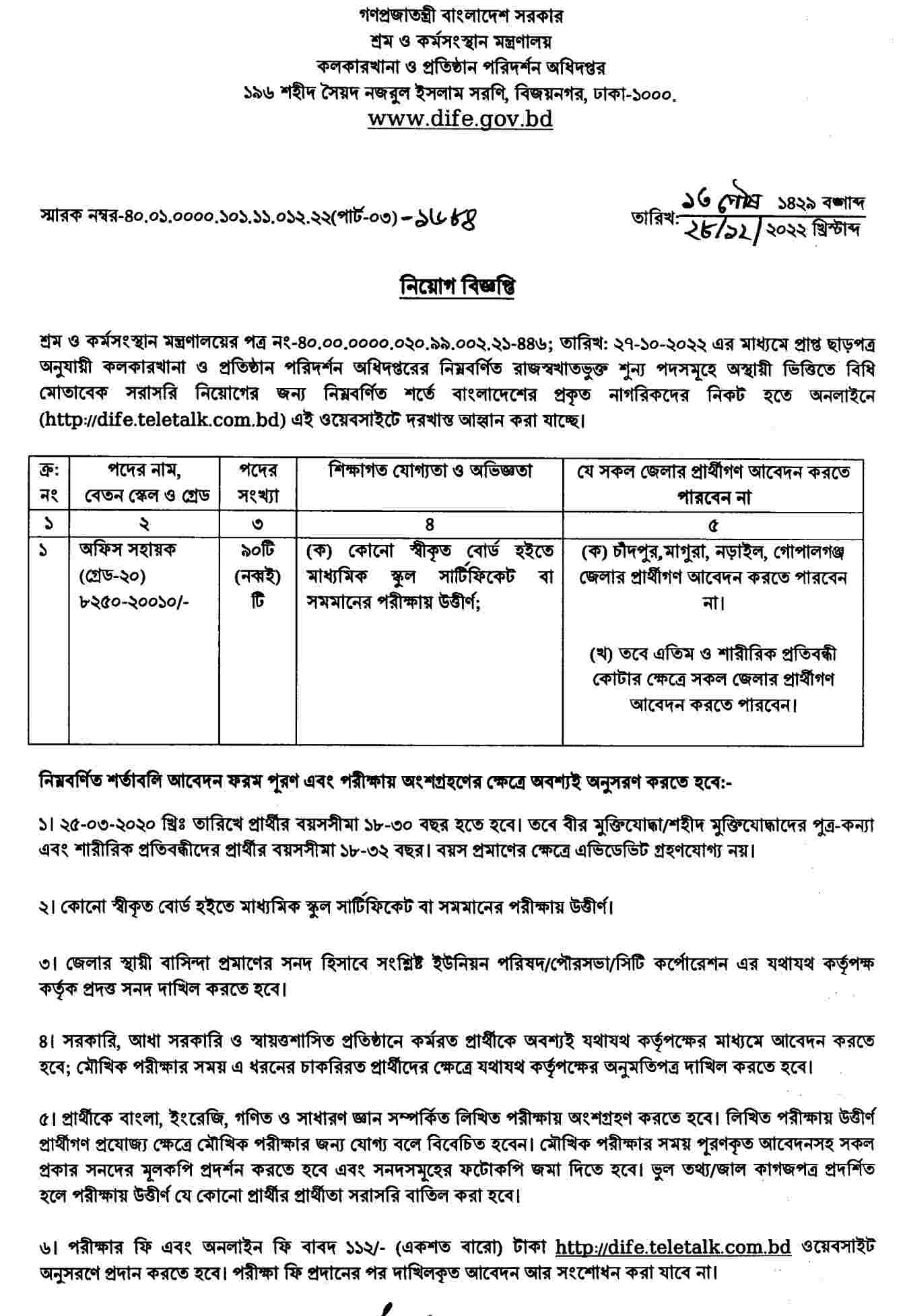 শ্রম ও কর্মসংস্থান মন্ত্রণালয় নিয়োগ বিজ্ঞপ্তি ২০২২