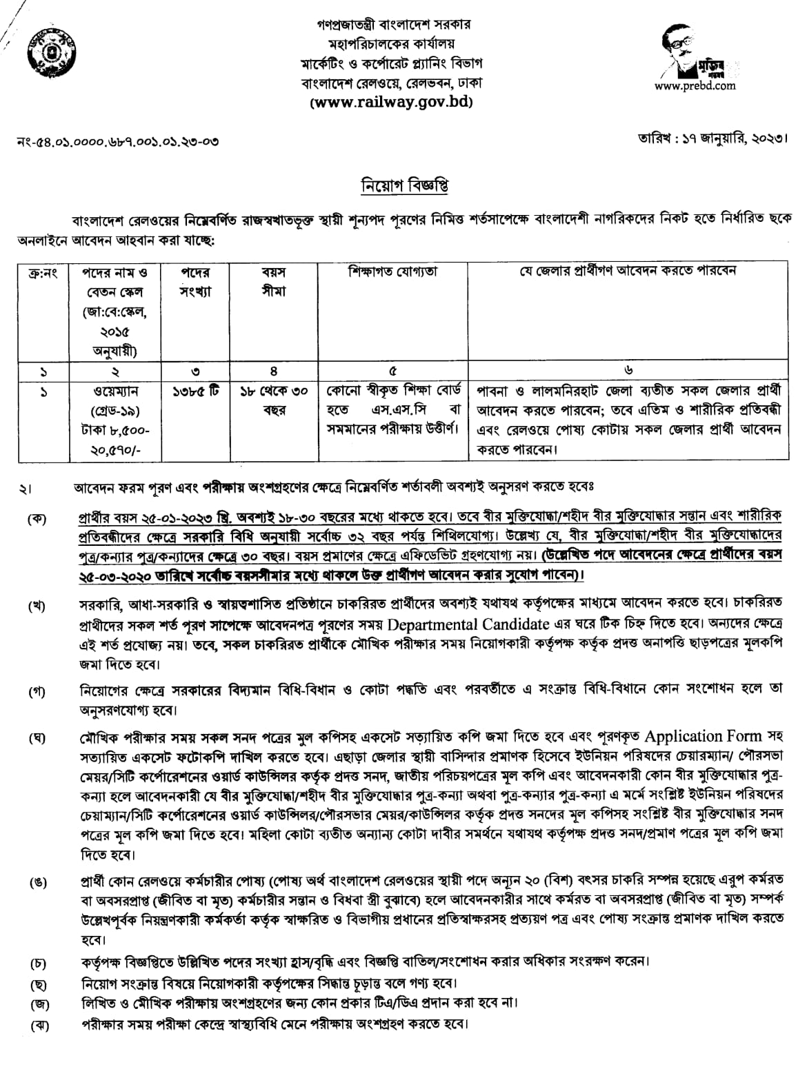 বাংলাদেশ রেলওয়ে ওয়েম্যান নিয়োগ সার্কুলার ২০২৩
