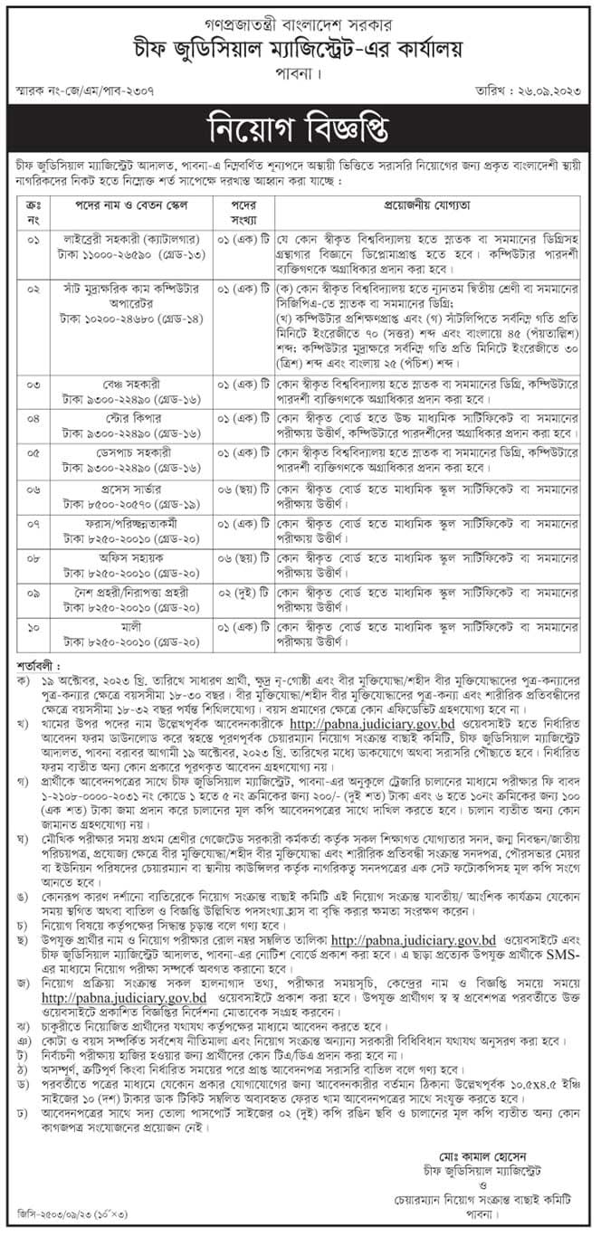 চীফ জুডিসিয়াল ম্যাজিস্ট্রেট নিয়োগ ২০২৩, শূন্য পদ ৮১ টি