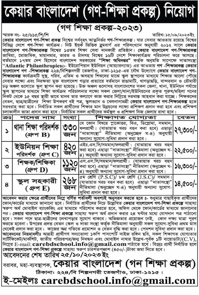 কেয়ার বাংলাদেশ (গণশিক্ষা প্রকল্প) নিয়োগ বিজ্ঞপ্তি ২০২৩