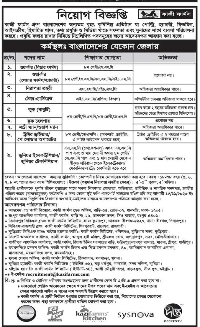 কাজী ফার্মস গ্রুপ নিয়োগ বিজ্ঞপ্তি ২০২৩, শূন্য পদ অসংখ্য